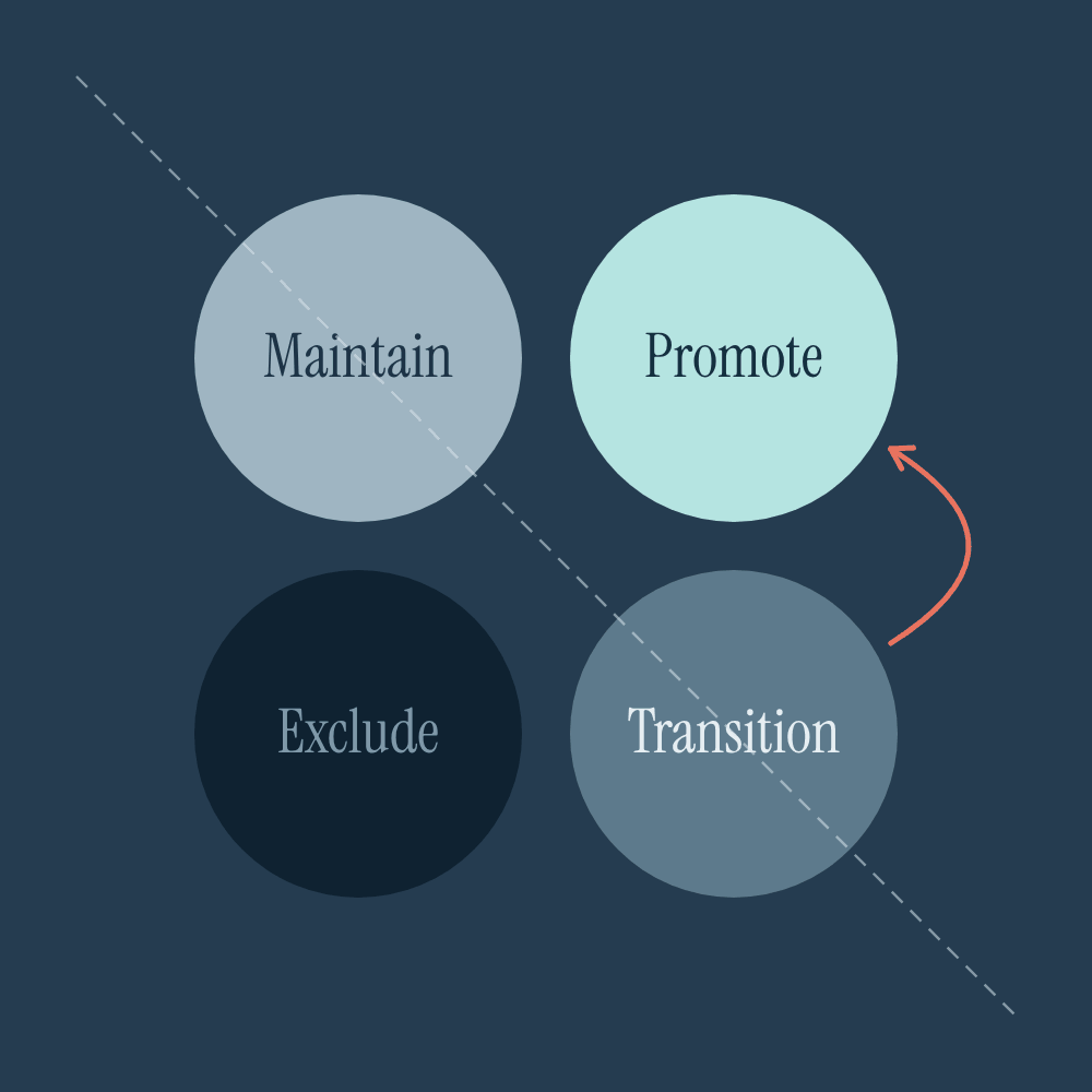 The four positions of the outcome investing matrix shown as circles labelled maintain, promote, exclude and transition, with a dashed break-even line running diagonally and an arrow moving from transition up to promote.